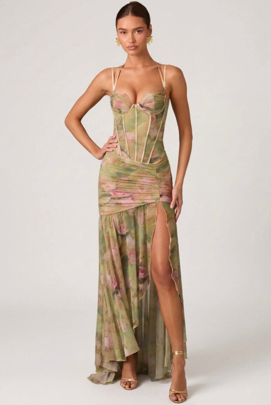 Oh Polly Haruna Ruched Asymmetric Corset Gown Maxi Dress Floral Green Size 6 +